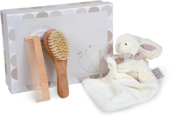 Doudou et Compagnie Coffret Doudou et Brosse et Peigne Lapin Bonbon Taupe